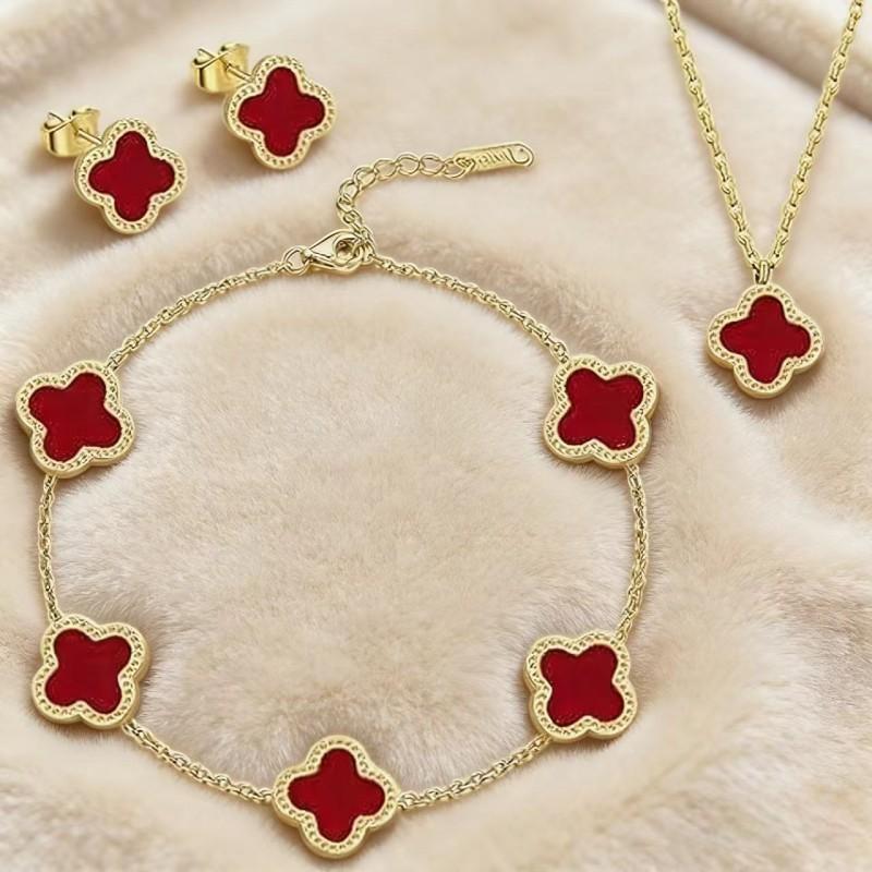 Titanstahl Kleeblatt Halskette Armband Ohrring Set 18K Vergoldet Hypoallergen Modeschmuck Damen Herren