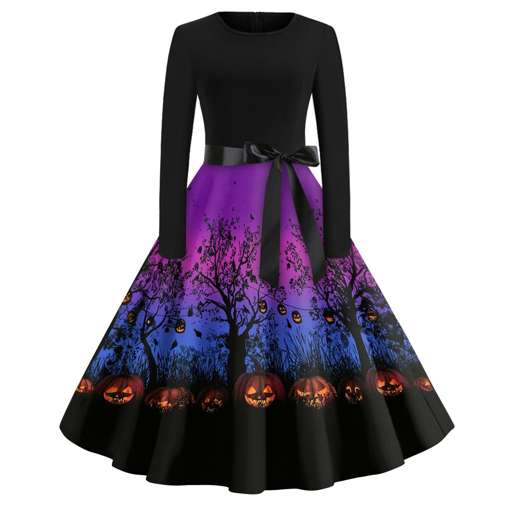 Women's Casual Fashion Halloween Print Round Neck Vintage Style Dress Long Sleeve Fit and Flare Midi Dress with Waist Tie for Seasonal Wear