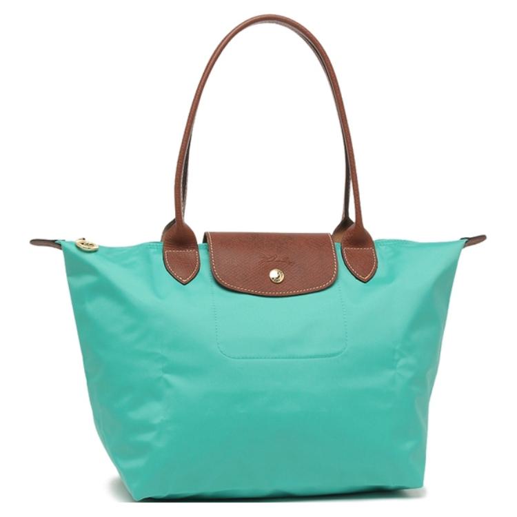 Longchamp Le Pliage 28 Chiusura con Bottone e Zip Manici Lunghi Tela e Pelle Borsa Tote a Forma di Raviolo Piccola da Donna Turchese-Blu 2605089P70