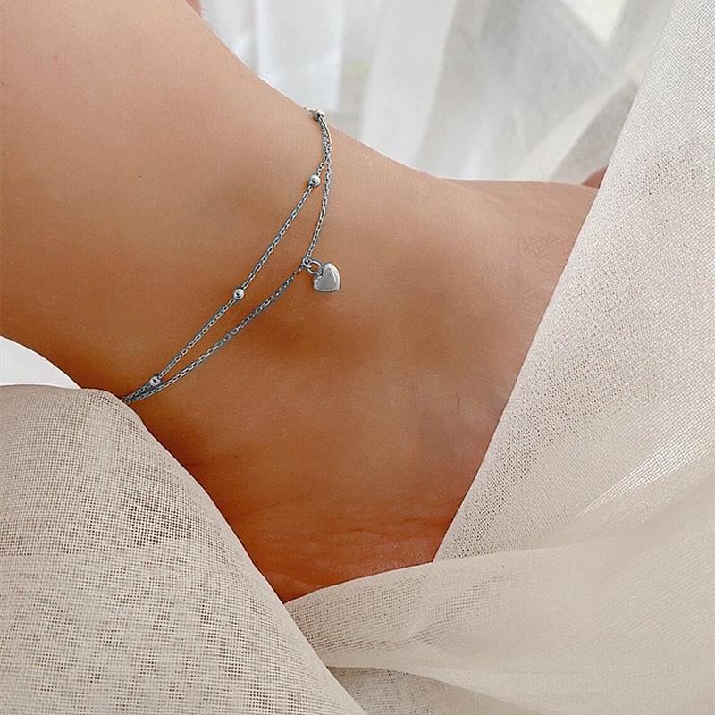 Hot-selling heart-shaped summer beach round bead chain foot decoration fashion double-layer peach heart love pendant anklet