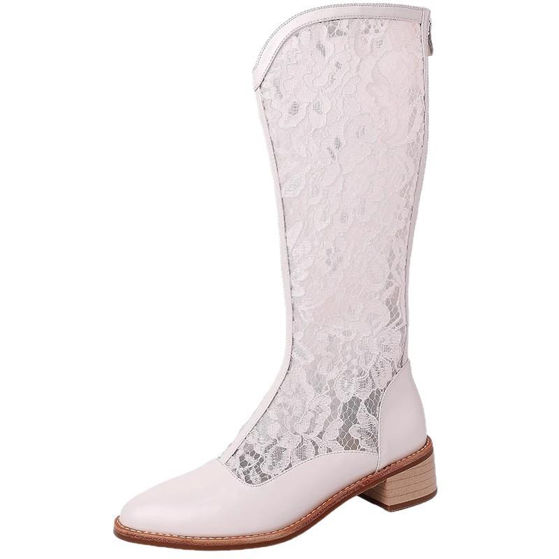 Úzké vysoké chladné boty Dámské letní duté síťované boty Střední podpatek Prodyšné westernové kovbojské boty Dlouhé dámské římské sandály