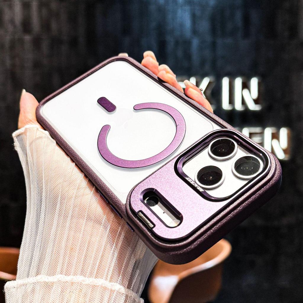 Compatible with Apple 17 Promax: Leather Texture Magnetic Case, iPhone 16 PM Lens Stand, and iPhone 15 Frosted Protective Cover.