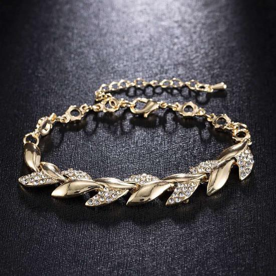 Adjustable Golden Leaves Rhinestone Bracelets Elegant Leaf Bangle for Women