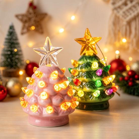 Cozy Christmas Party Supplies Tree Ornament, Glowing Retro Resin Tabletop Decor with Star Mini Decorations Topper, Vintage Xmas Trees Night Light for