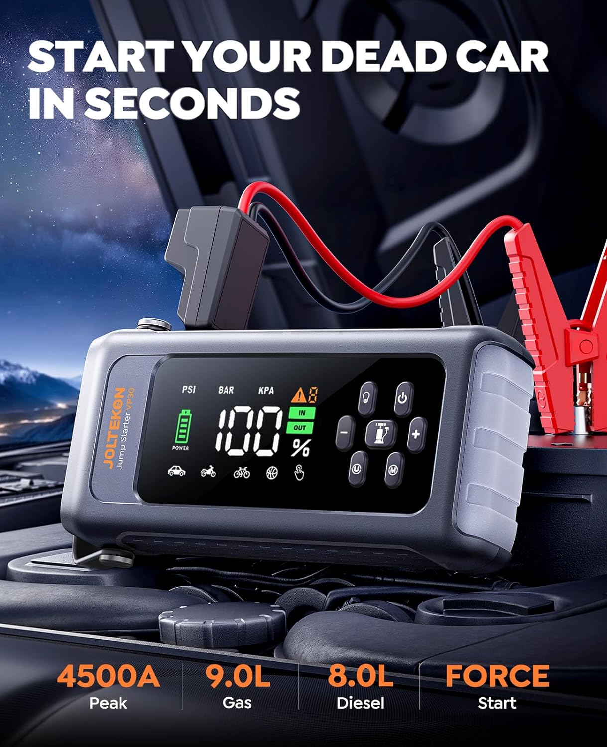

Portable Car Battery Jump Starter 4500A with Air Compressor 150PSI, Auto-Shutoff, Inflator & Cables United States