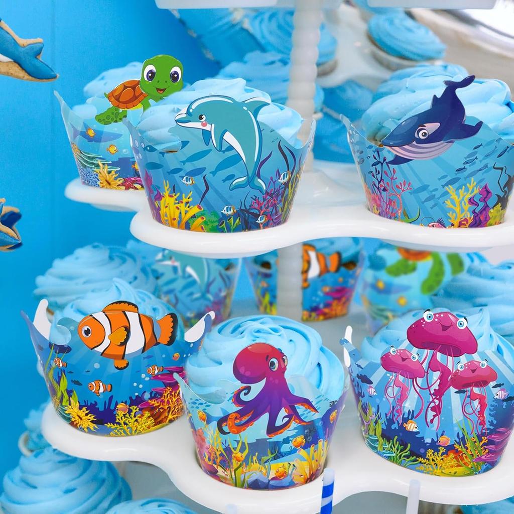 Whaline 36Pcs Sea Animals Cupcake Wrappers Colorful Ocean Animals Cupcake Liners Under the Sea Cupcake Holders for Summer Ocean Birthday Party