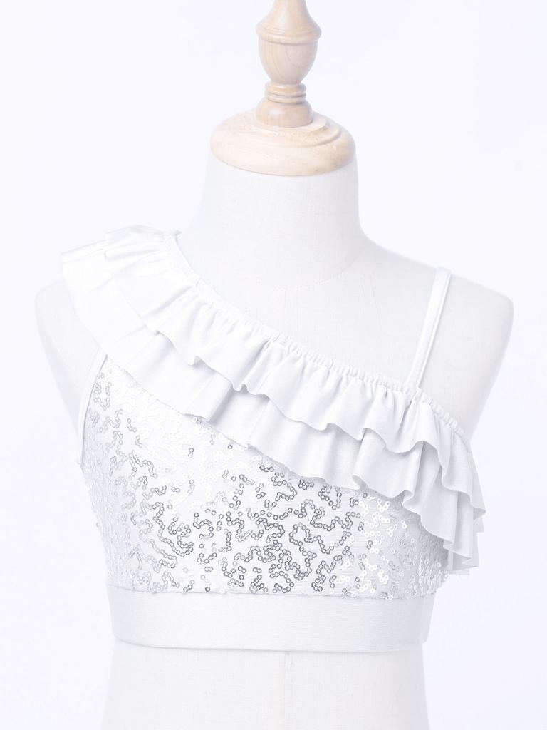 Kids Girls Dance Crop Top Asymmetrical Shoulder Straps Sleeveless Sequins Ruffle Tops Ballet Jazz Dance Stage Performance Wear