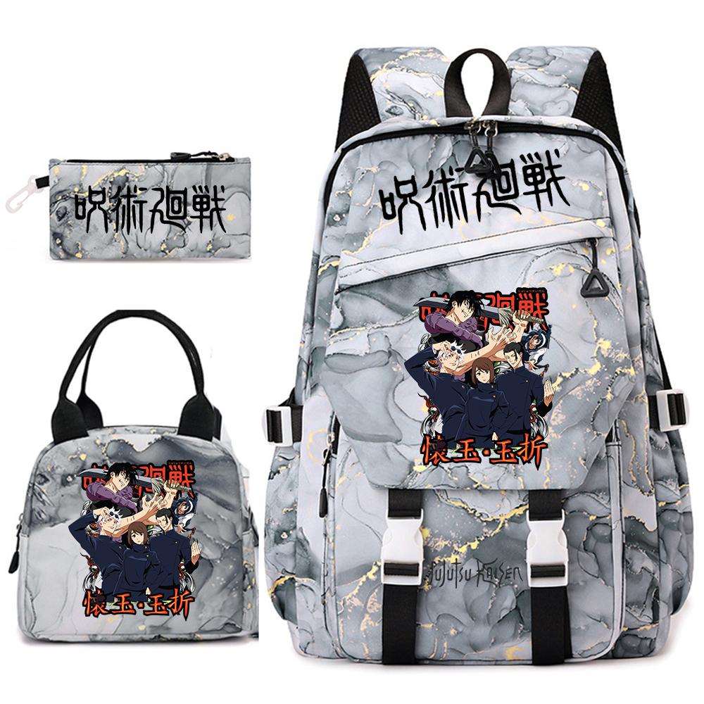 Anime Jujutsu Kaisen Backpack Set for Girls 3pcs School Bookbag Lunch Bag Pencil Case Casual Travel Rucksack