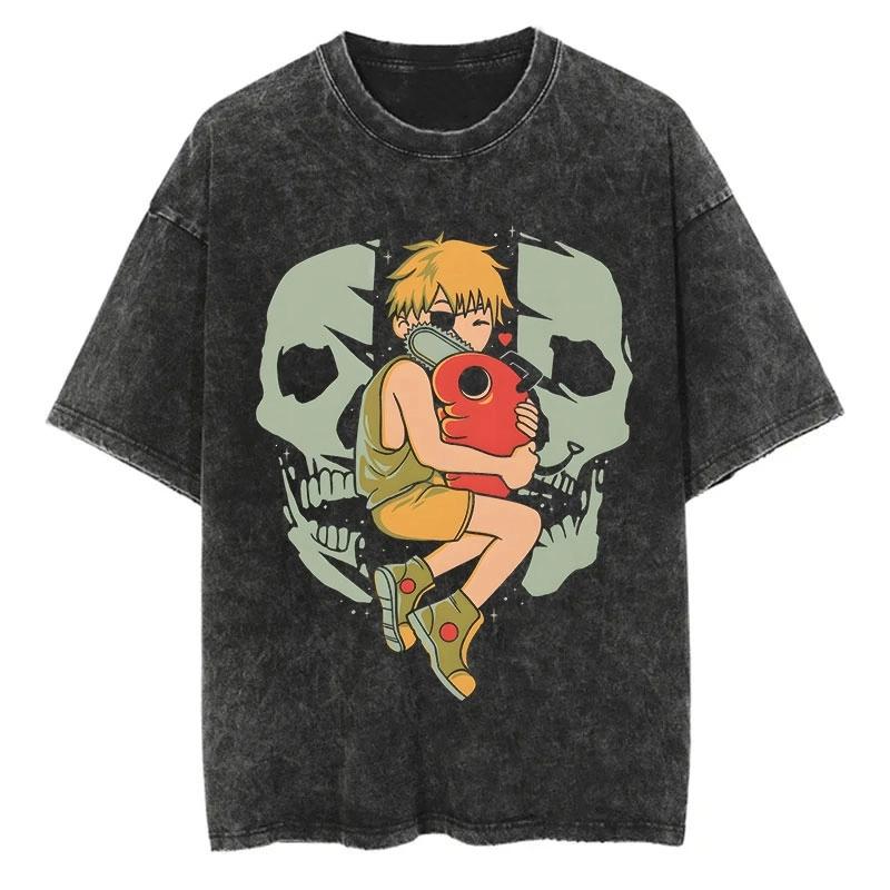 Chainsaw Man Anime Vintage Printed Washed T-shirt Women Men Harajuku Oversize Streetwear Y2K Tops Short Sleeve Tee Unisex