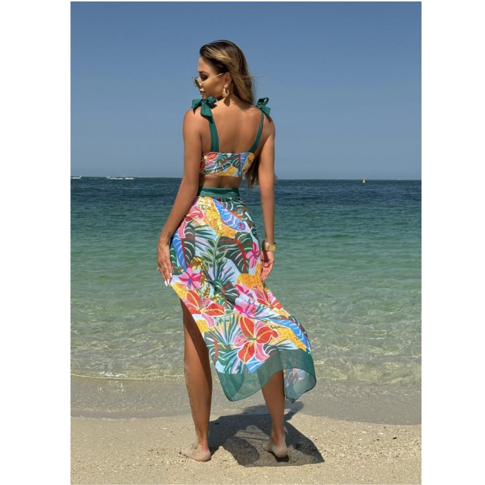 New Printed With Sarong Female Swimsuit High Waist Bikini Women Swimwear Three-pieces Bikini set Bather Bathing Suit Swim