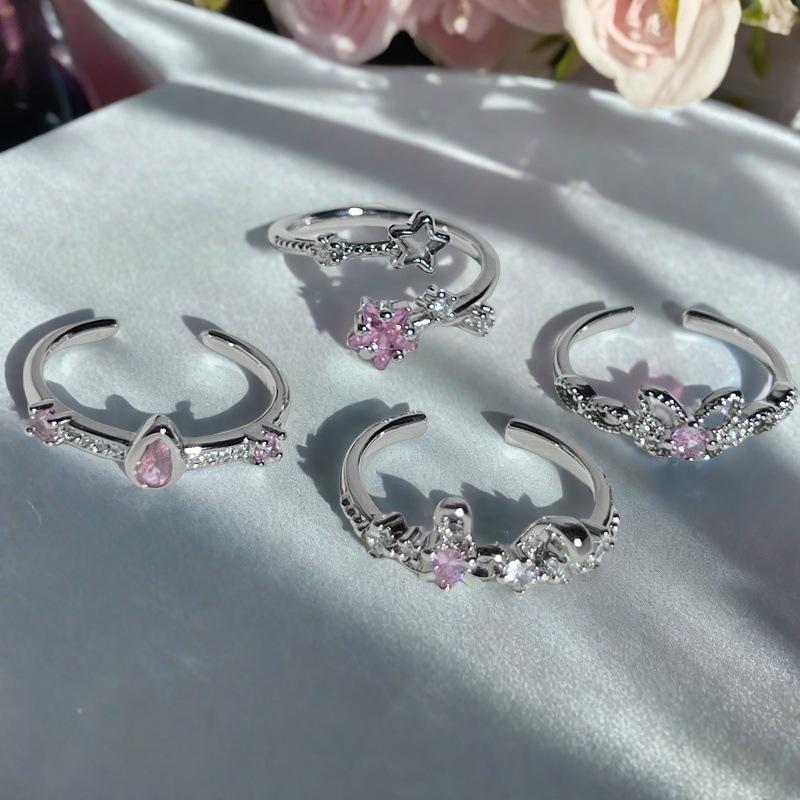 Sweet Pink Zircon Water Drop Star Opening Ring Small Fresh Light Luxury High Sense Simple Niche Ring