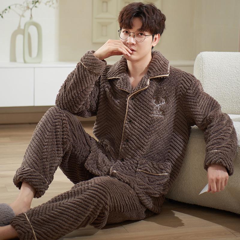 

Мужской плюшевый толстый пижамный комплект для осени/зимы – Теплая домашняя и уличная одежда, доступны большие размеры 2XL (80-90 kg)