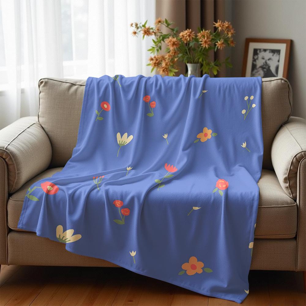 Blue Base Tiny Wildflower Cartoon Anime Print Flannel Blanket Soft Warm Throw for Kids Bedroom Sofa Christmas Office Car
