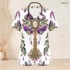 Women Plus Size White Floral Printed Nurse Scrub Top V Neck Short Sleeve With Front Pockets