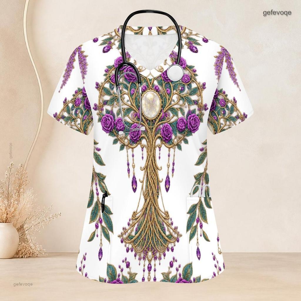 Women Plus Size White Floral Printed Nurse Scrub Top V Neck Short Sleeve With Front Pockets