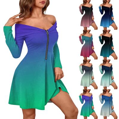 Women's Casual Fashion Long Sleeve Gradient Print Zipper Sexy Off-Shoulder Dresss