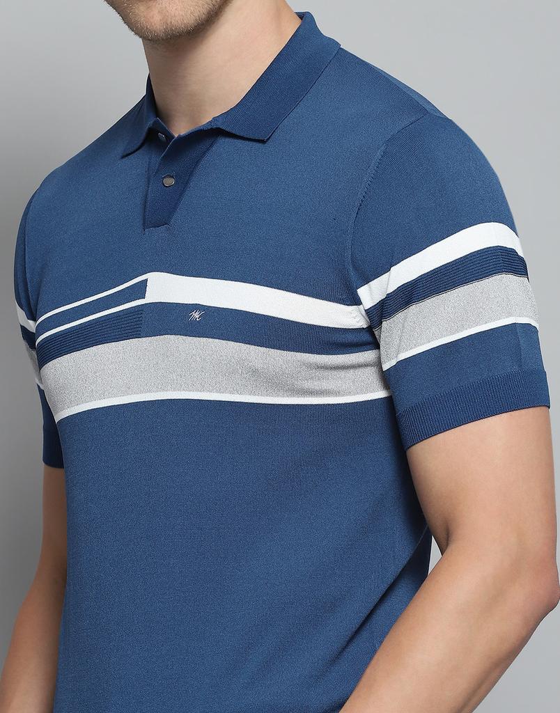 MONTE CARLO Mens Self Design Blue Collar Neck Half Sleeve T-Shirt