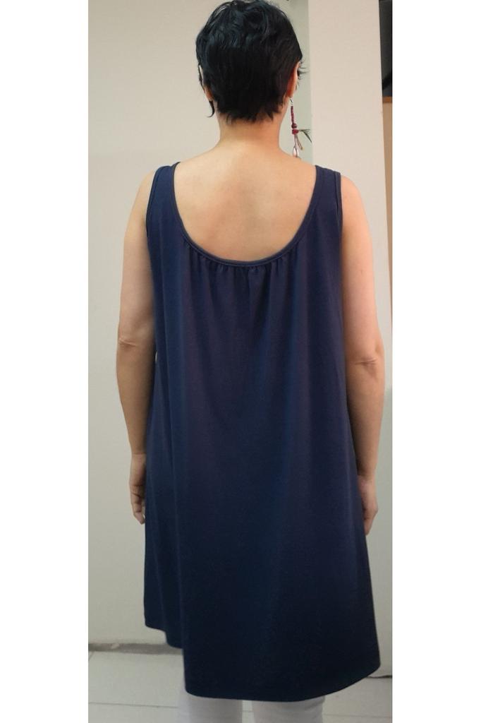 Damenstil Übergröße T-Shirt Marineblau gekämmte Baumwolle Viskose T-Shirt mit gerafften Vorder- und Rückenbändern