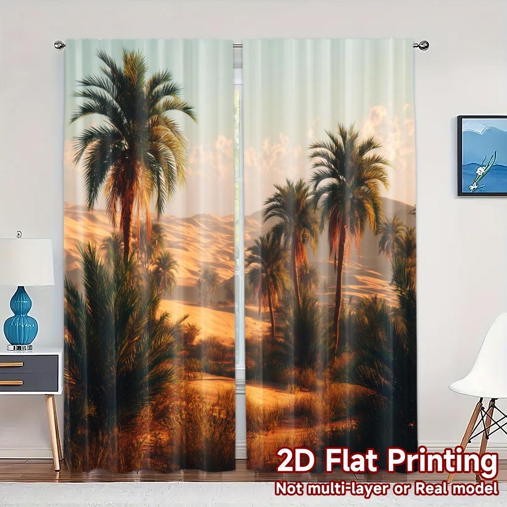 2pcs, 2D FLAT PRINTING Curtains (Without Rod) Desert Oasis Print Chic Curtains Versatile Polyester Curtains Outdoor Decorations