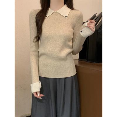 Kontrastfarbener Kragen Strickpullover Damen altersreduzierendes Innentop Herbst und Winter Reverskragen Langarm Vorderseite Schulterdesign Basispullover