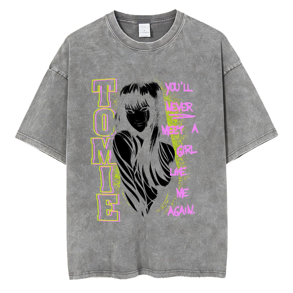 Anime Tomie Junji Ito Vintage Washed T-shirt Men Women Manga Horror Gothic Rock T Shirts Male Retro High Quality Cotton T-shirts
