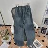 Trendy brand elastic waist jeans men's summer new loose straight casual trousers ins American retro pants