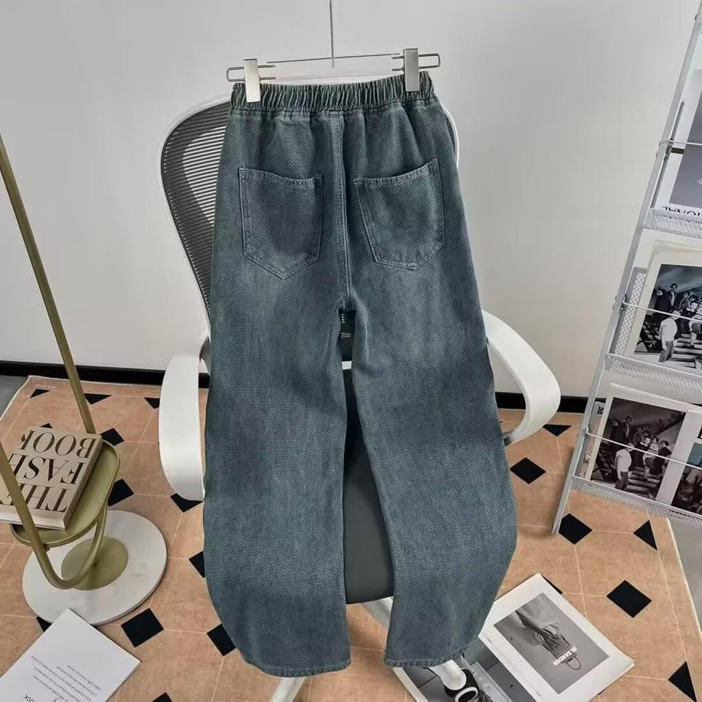 Trendy brand elastic waist jeans men's summer new loose straight casual trousers ins American retro pants