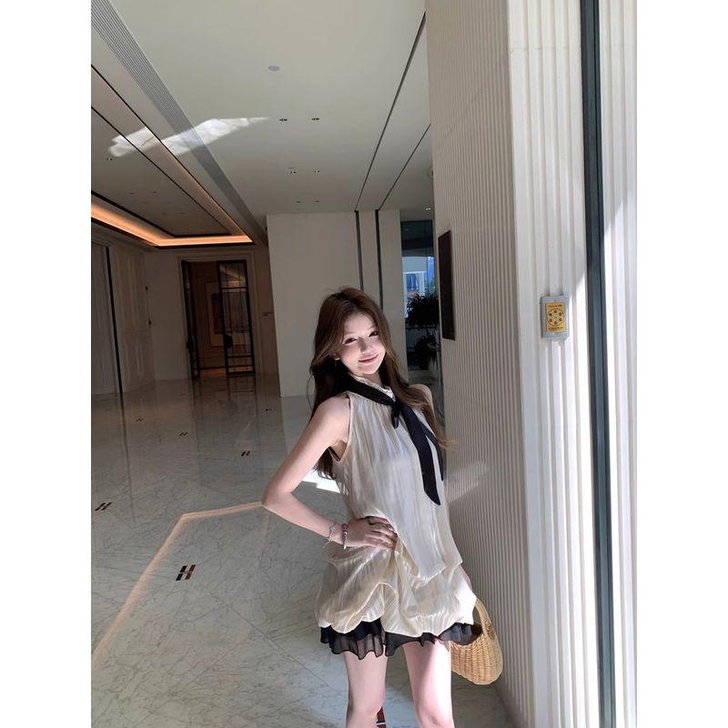 Kumikumi Gentle Sweet Girl Style Sleeveless Half-high Collar Ribbon dress Women Summer Loose Slimming A- line Skirt