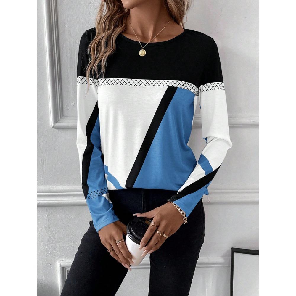 GMXIA Women's Pullover Round Neck Color Contrast Patchwork Geometric Print Top T-shirt