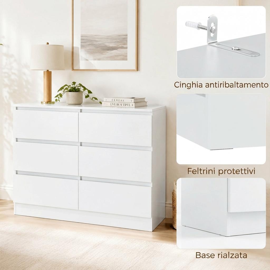 6 Drawer Chest Of Drawers For Bedroom And Living Room 100x35x69 Cm White