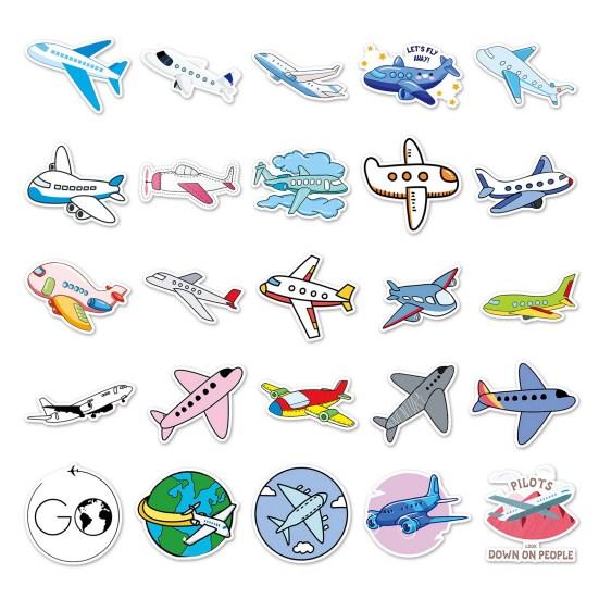 50Pcs Cartoon Sticker Waterproof Reusable DIY Self-Adhesive Aircraft Pattern Phone Case Luggage Sticker Kids Gift