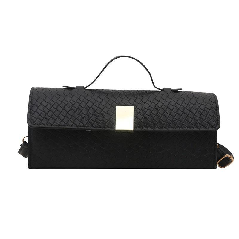 

Трендовая летняя новинка плетеная мягкая поверхность ужин 2025 повседневная однотонная большая вместимость горизонтальная портативная сумка-мессенджер багет чёрный