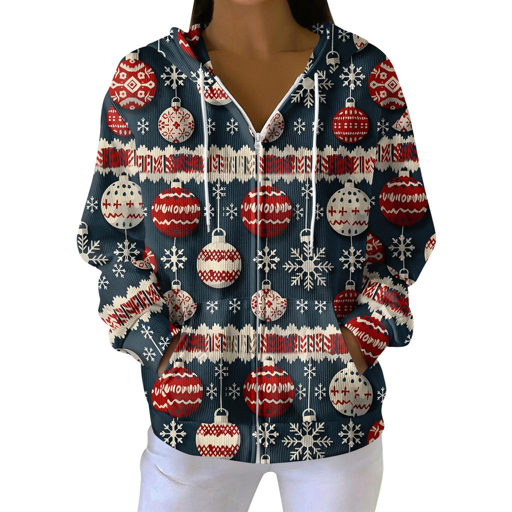 Dámská ležérní módní pletená mikina s kapucí na zip s dlouhým rukávem a vánočním potiskem