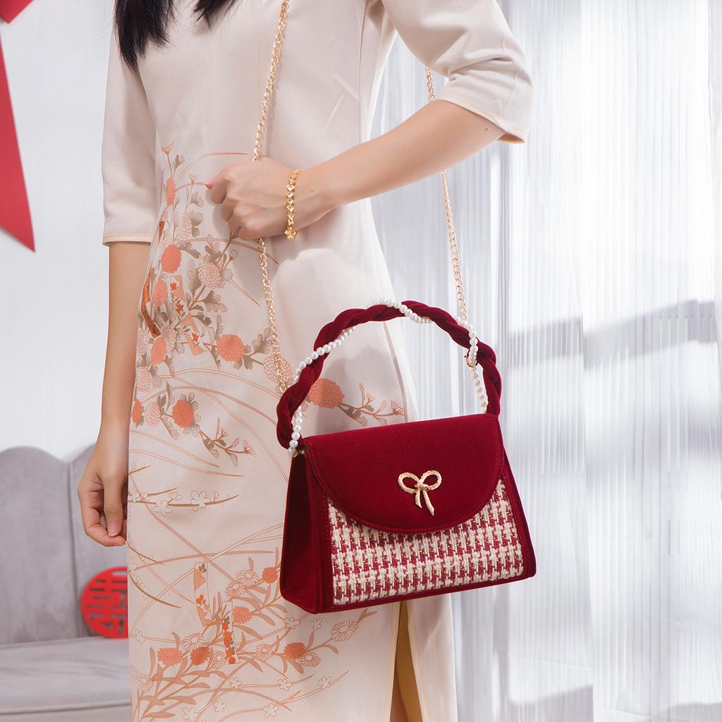 Women'S Bag, Red Niche Thousand Bird Grid, Large Capacity Diagonal Bag, Wedding Gift, Bridal Wedding Bag