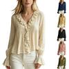 Women Long Sleeve Casual Blouse Loose Fit Ruffle Trim V Neck Shirt Bell Sleeve Lightweight Top for Everyday Wear