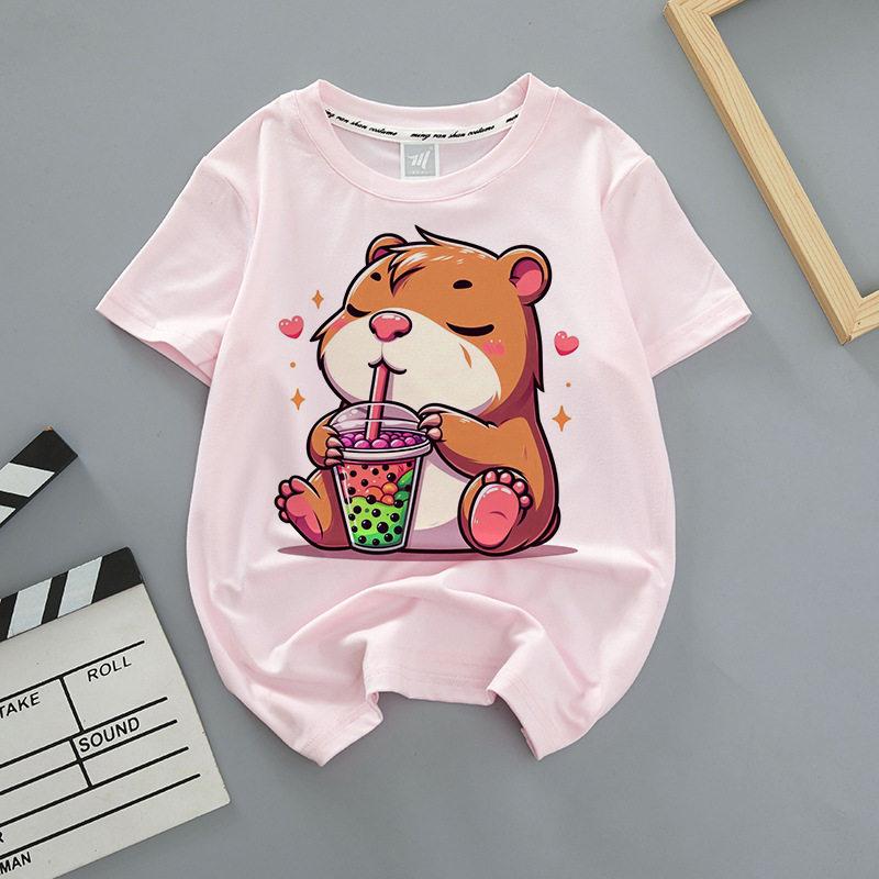Capybara Summer Childrens Wear Shortsleeved Capybara Cute Childrens Roundneck Pink Trendy Brand Breathable Tshirt