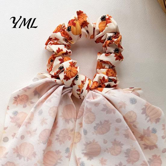 Autumn Theme Hair Ties for Gifts Fall Pumpkin Maple Leaf Tie Women, Bow Knot Ribbon Ponytail Cute Scrunchies Holiday Parties Holder, Soft Fabric