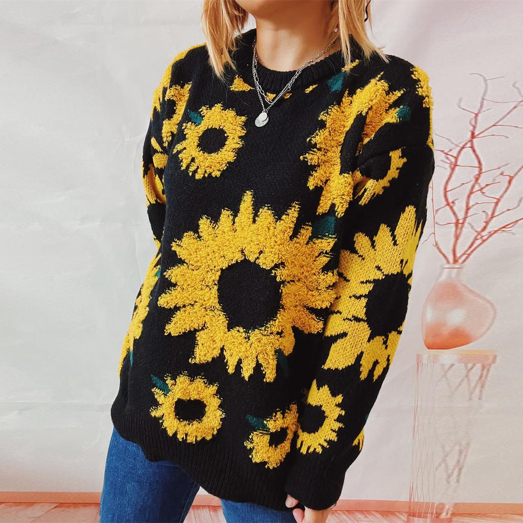 Autumn and winter new top sunflower jacquard round neck long sleeved knitted pullover sweater for women 3589