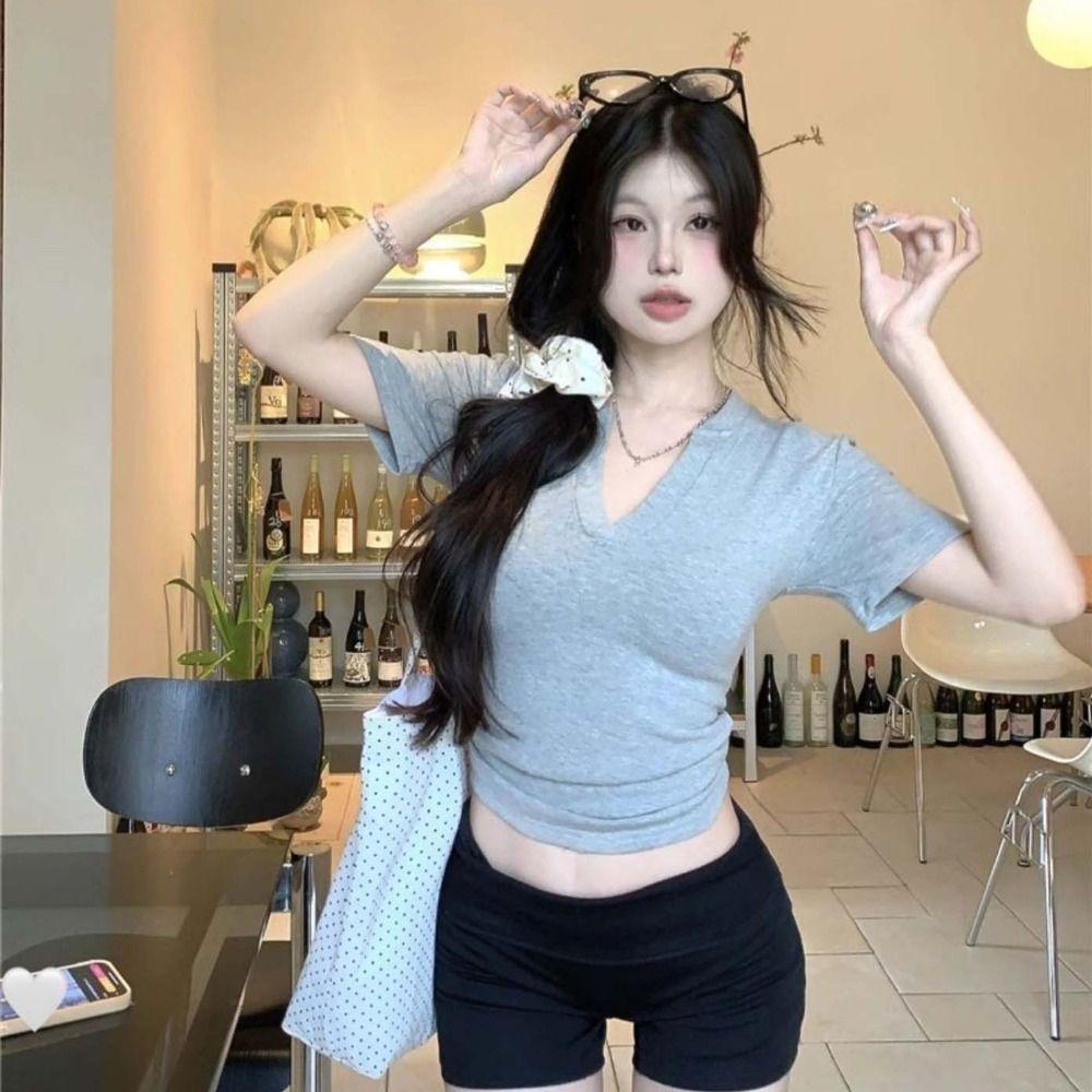 

Simple Slim Crop Top Women V-neck Solid Color Tees Shirt Fashion Summer T-shirt Club S сірий