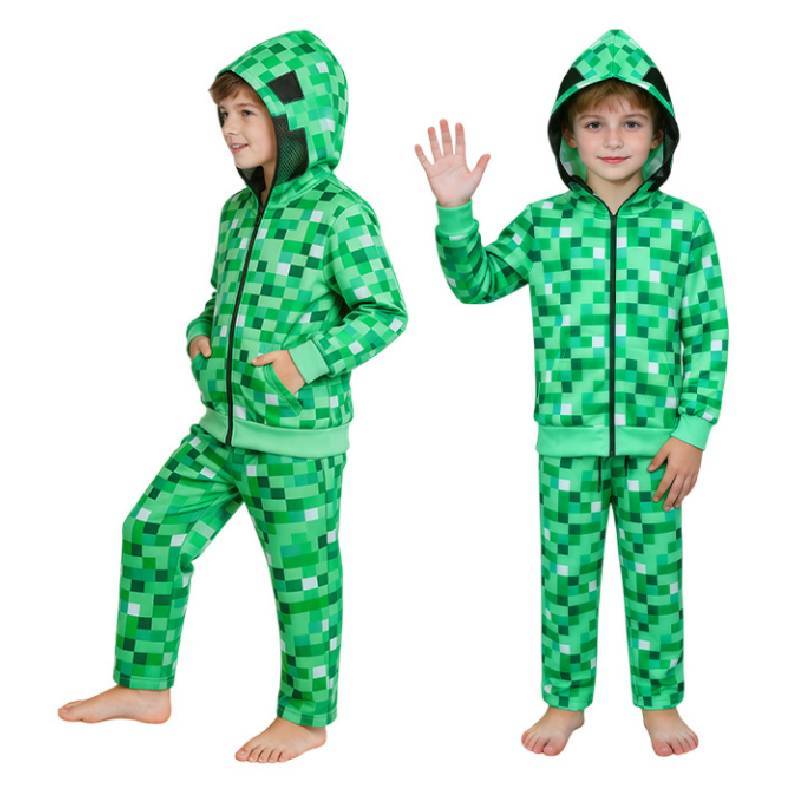 Minecraft Creeper Kids Hoodie And Pants Set With Polyester Fabric For Cosplay And Casual Wear