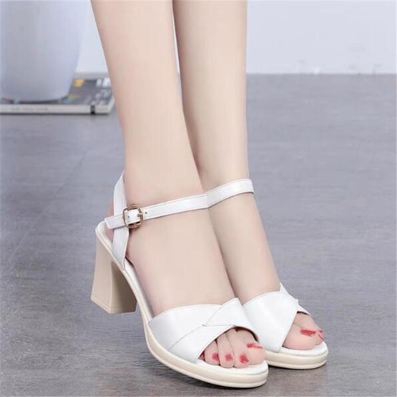 Women Genuine Leather Shoes High Heel Platform Sandals Buckle Thick Heel Ladies Sandals Women Pumps Summer Black 35-42