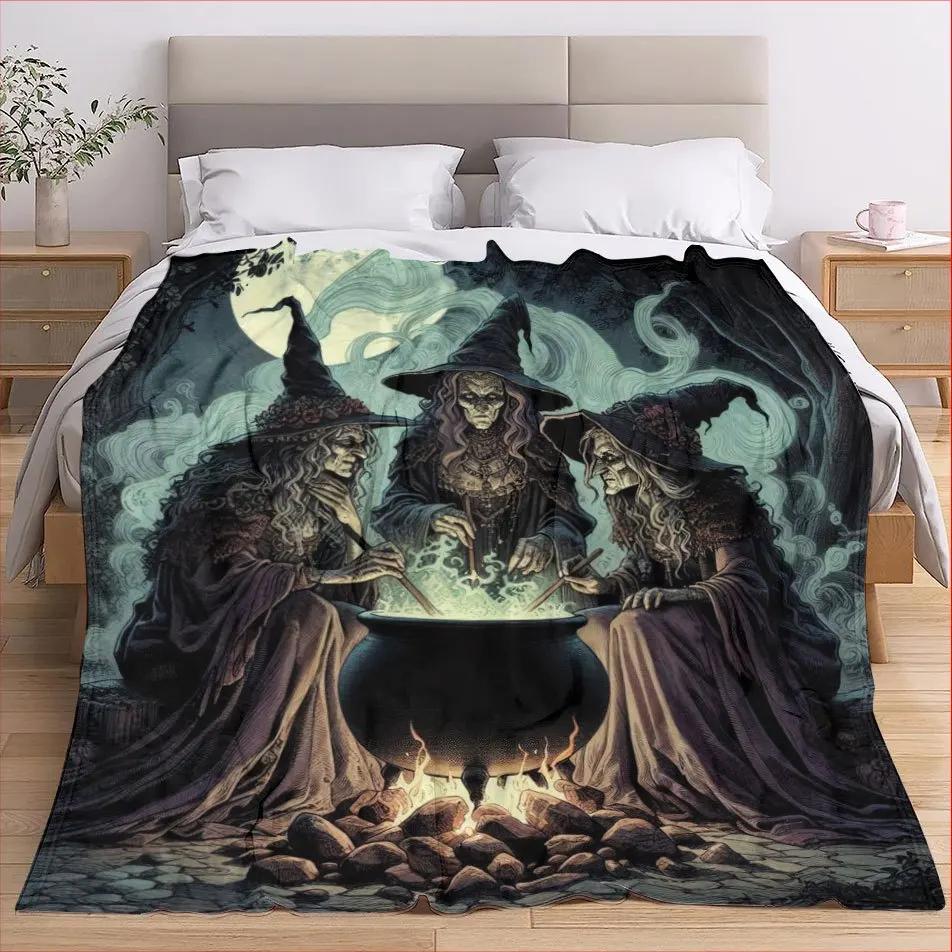 Three Witches Halloween Blanket Gothic Magic Design Dark Fantasy Art Soft Fleece Throw Home Decor Gift Idea Spooky Theme Cozy