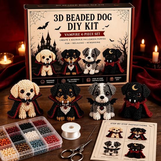 Crafts for Cat Dog Lovers 3D Halloween DIY Art Set, Beaded Puppy Craft Kit, Cute Funny Animal Theme Crafting Set Kit Beginners Adults, Home Desk Decor