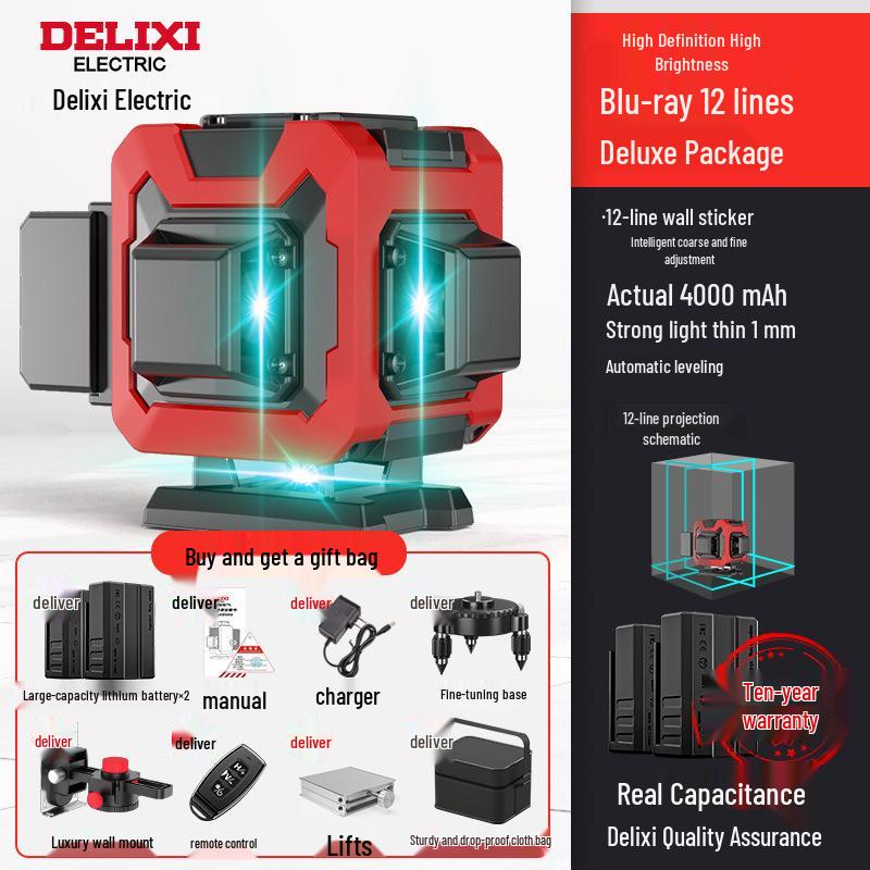 Delixi High-Precision Green Laser Level: 12-Line Infrared, Strong Light, Automatic Outdoor Use, Water-Resistant