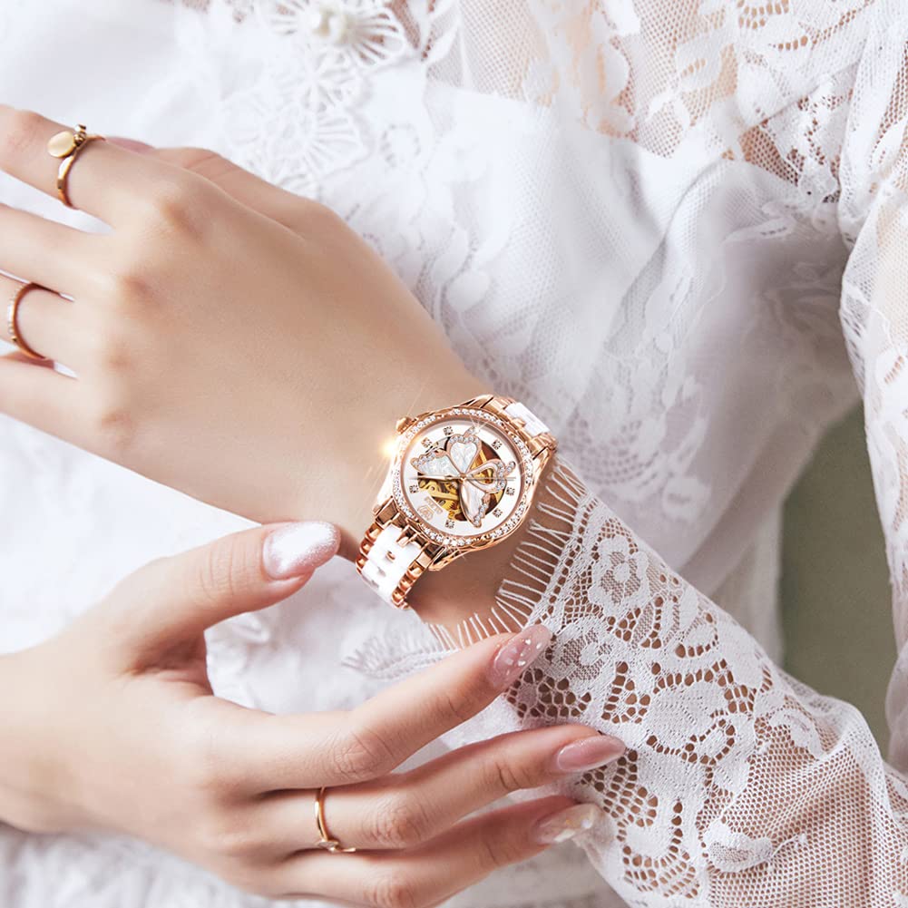 OLEVS Women's Popular Waterproof Ceramic Mechanical Watch with Date Display and Bracelet, White, Perfect Gift for Women
