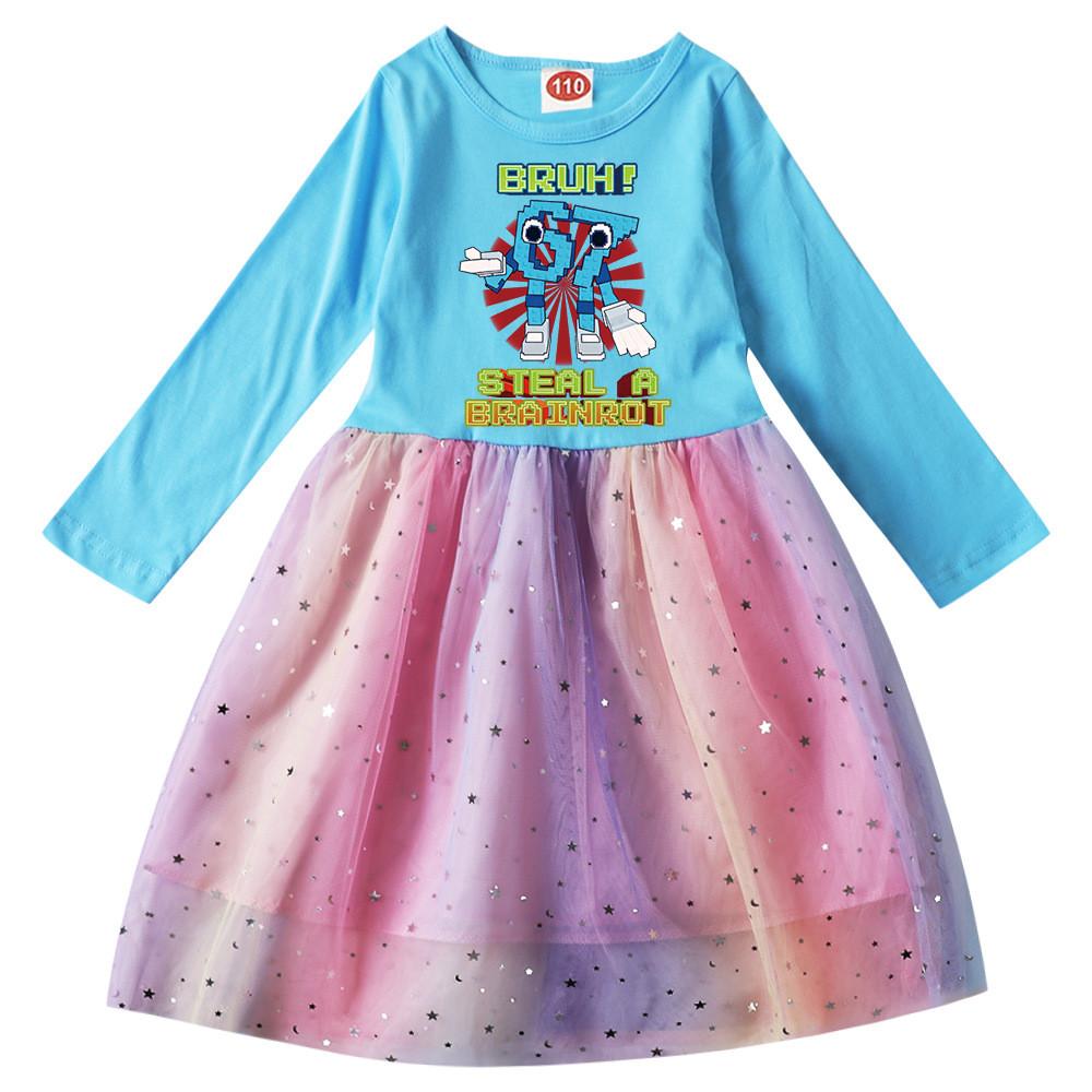 9192 Kids Girls Steal a Brainrot 67 Six Seven Print Long Sleeves Cotton Casual Sequins Rainbow Dress