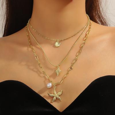 Colar para Mulheres Colar Vento do Oceano Ins Multicamadas Empilhado Liga Concha Caramujo Estrela do Mar Pingente Colar Feminino Bonito Elegante Colar para Ela