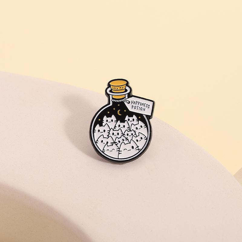 Cartoon Cat Happiness Potion Enamel Pin, Cat Lover Metal Brooch, Lapel Backpack Badge, Creative Jewelry Gift