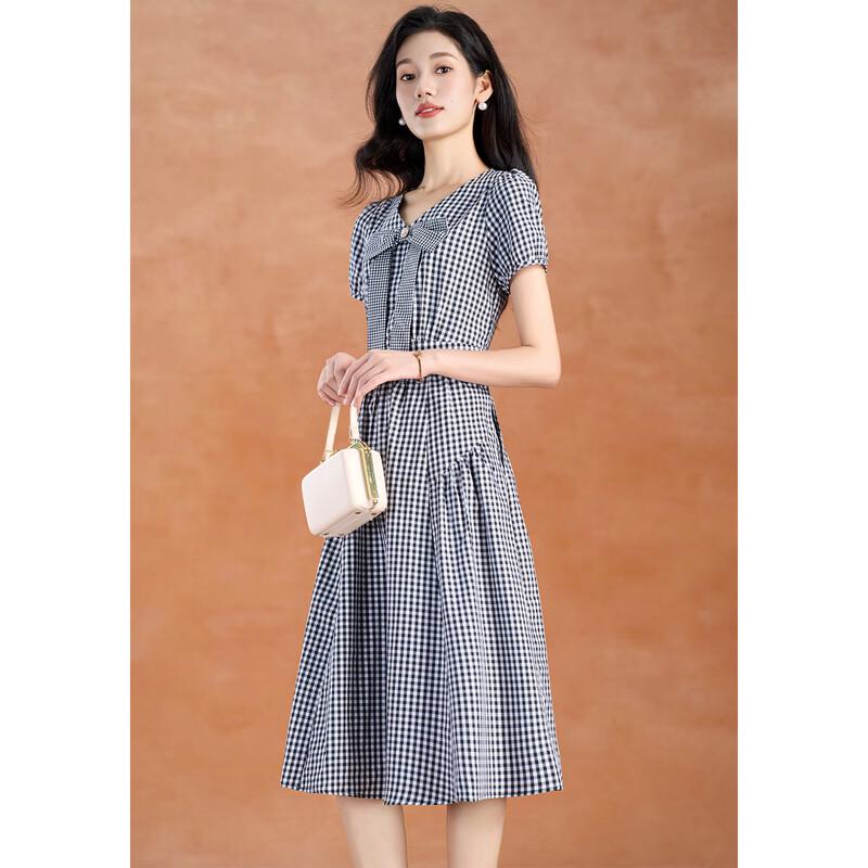 Elegant Plaid V-neck A-line Midi Dress with Bow