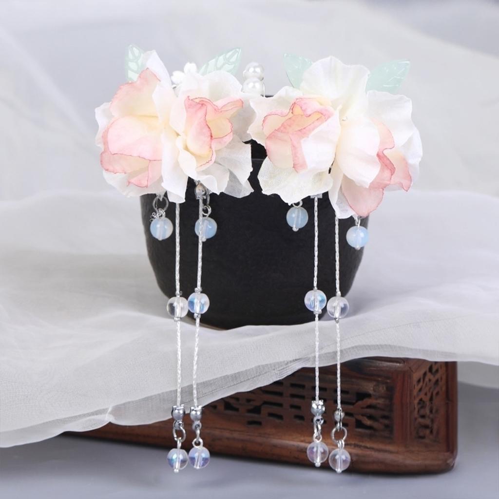 1 Pair Vintage Hair Clips For Women Chinese Style Gauze Flower Tassel Hairpins Handmade Elegant Hanfu Floral Hair Accessories